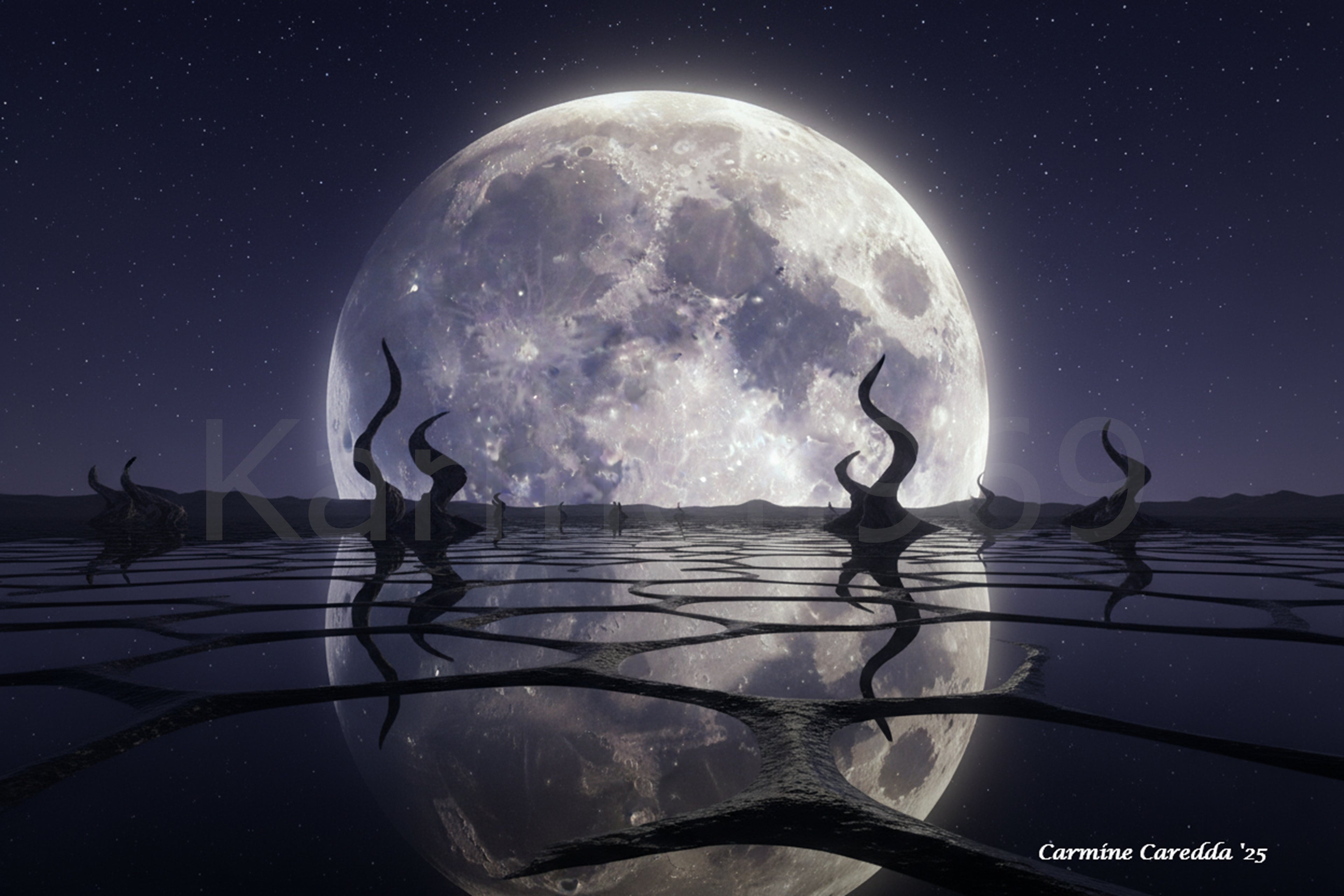 Luna Gigante e Silhouette Misteriose - Paesaggio Notturno Onirico