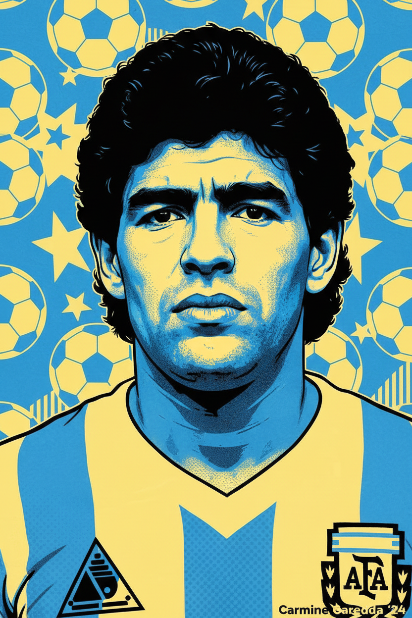 Ritratto pop art di Diego Maradona in maglia Argentina con colori vibranti blu e giallo stile Andy Warhol