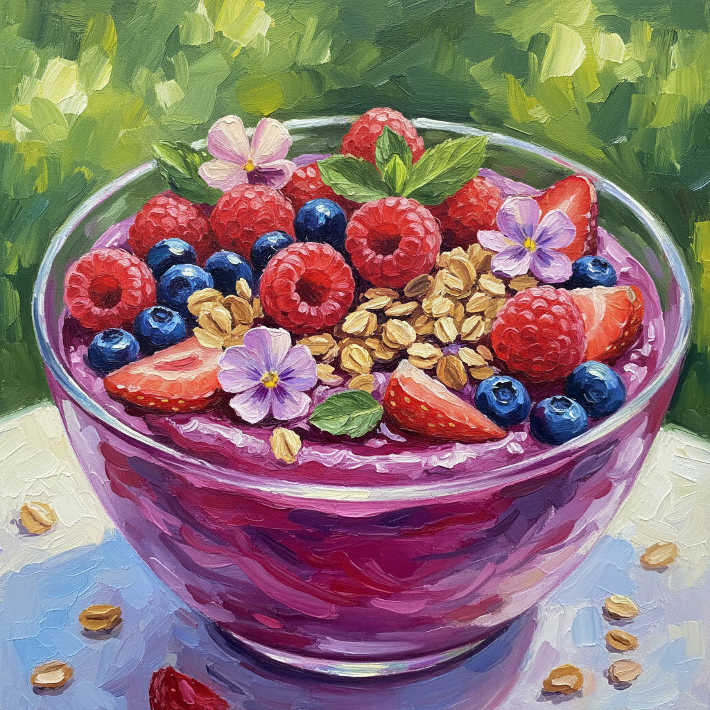Dipinto impressionista con smoothie bowl colorata, frutti di bosco freschi, granola e fiori edibili